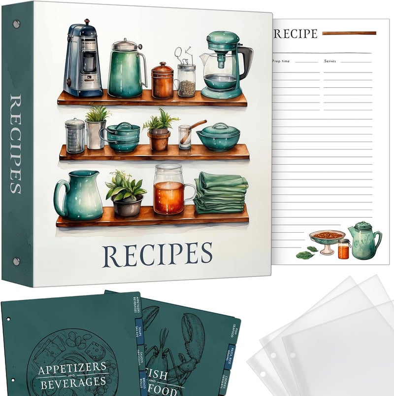 FAYAN Recipe Binder Organizer, 3 Ring Silver Cookbook Binder with 30 Recipe Pages, 30 Plastic Sleeves, 9 Full Color Dividers 11x12x2 Inch, Recipe Organizer - Image 3